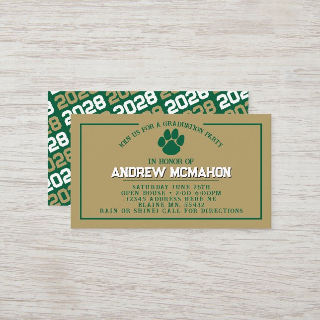 Mini Invitations de diplôme Green & Gold Pawprint (Green & Bronze Gold Pawprint Mini Graduation Invites for Friends, Team Mates or as Inserts!)