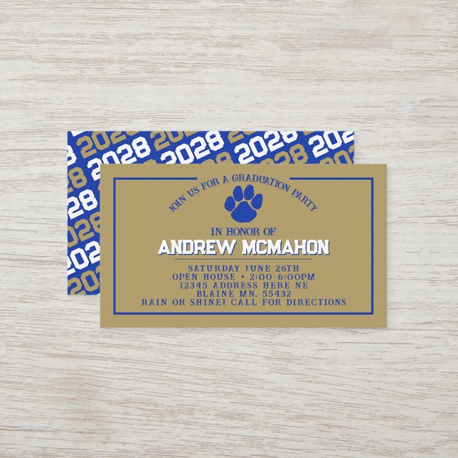 Mini Invitations de diplômes Blue & Gold Pawprint (Blue & Bronze Gold Pawprint Mini Graduation Invites for Friends, Team Mates or as Inserts!)