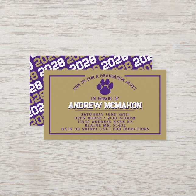Mini Invitations de graduation Purple & Gold Pawpr (Purple, White & Bronze Gold Pawprint Mini Graduation Invites for Friends, Team Mates or as Inserts!)