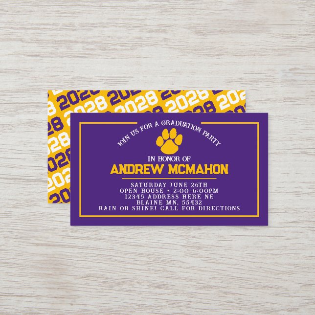 Mini Invitations de graduation Purple & Gold Pawpr (Purple & Gold Pawprint Mini Graduation Invitations for friends, classmates, teammates or inserts)