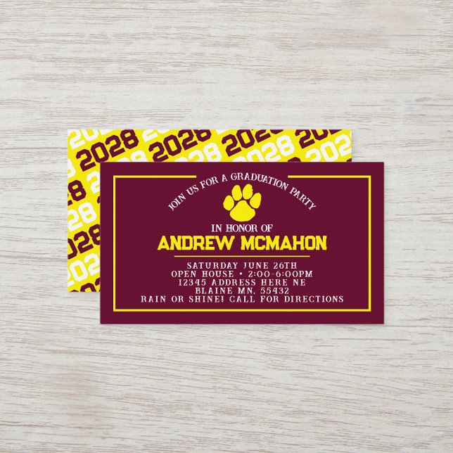 Mini Invitations de la Bourgogne et de la Pawprint (Burgundy & Yellow Pawprint Mini Graduation Invites for Friends, Team Mates or as Inserts!)