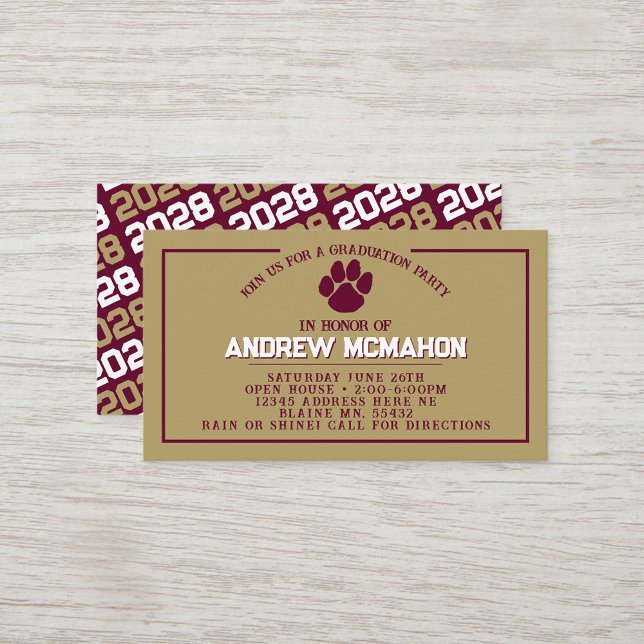 Mini Invitations de la Bourgogne et de l'or Pawpri (Burgundy & Gold Pawprint Mini Graduation Invites for Friends, Team Mates or as Inserts!)