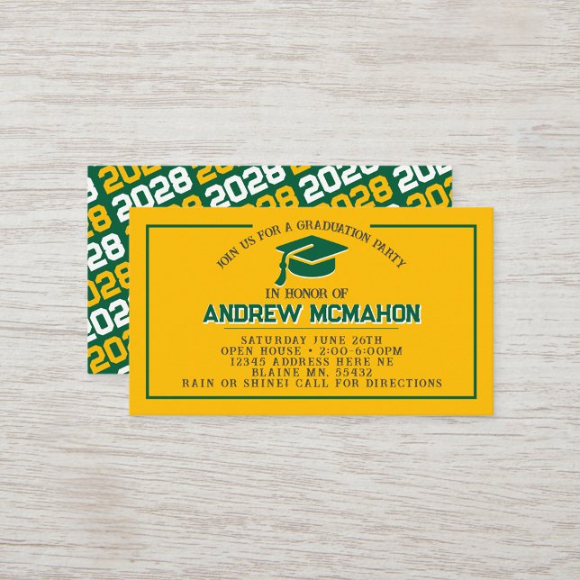 Mini Invitations de la finition Gold & Green (Gold & Green Mini Graduation Invitations for friends, classmates, teammates or announcement inserts)