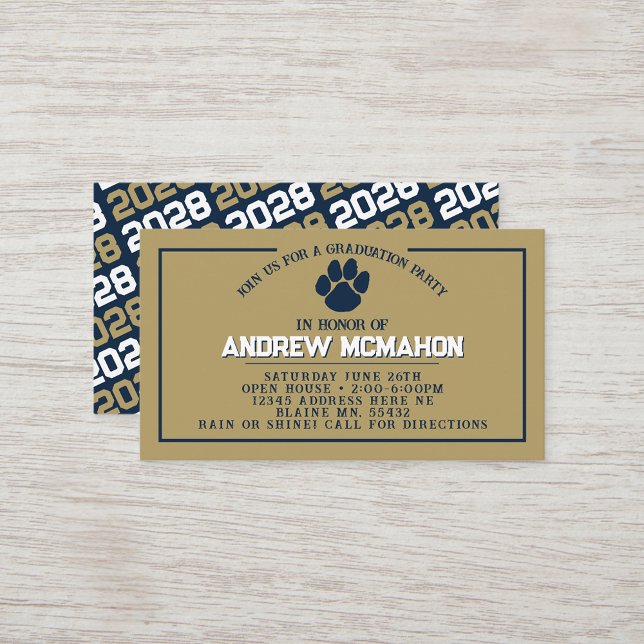 Mini Invitations de la marine et de l'or Pawprint (Navy Blue & Gold Pawprint Mini Graduation Invites for Friends, Team Mates or as Inserts!)