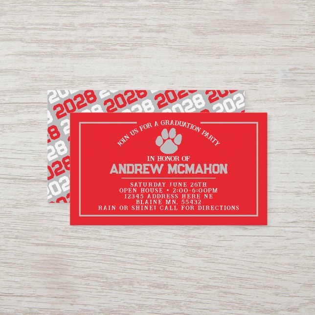 Mini Invitations de la Pawprint rouge et gris (Red and Silver Grey Pawprint Mini Graduation Invites for Friends, Team Mates or as Inserts!)