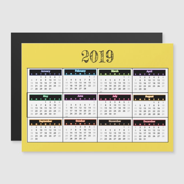 Mini Magnet Calendrier Jaune 2019 (Devant / Derrière)