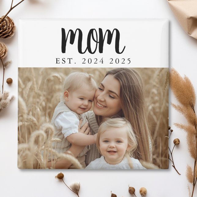 Mini maman établi Magnet cadeau photo (modern script mom established date magnet for new mom or photo stocking stuffer mothers day gift)