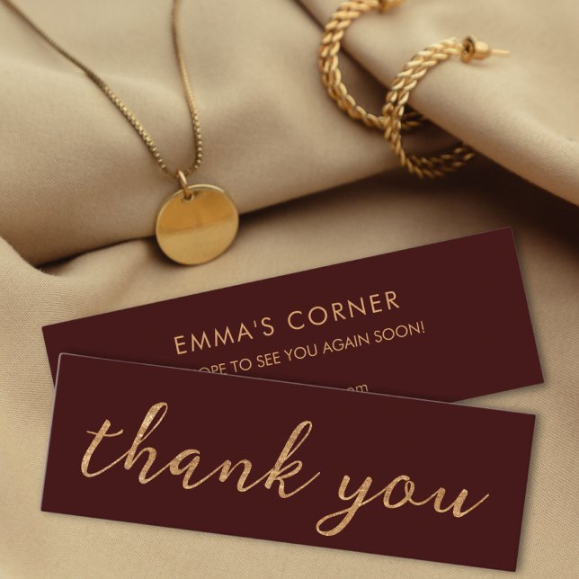 Mini Maroon rouge avec Carte de visite Merci or (maroon thank you card in golden text)