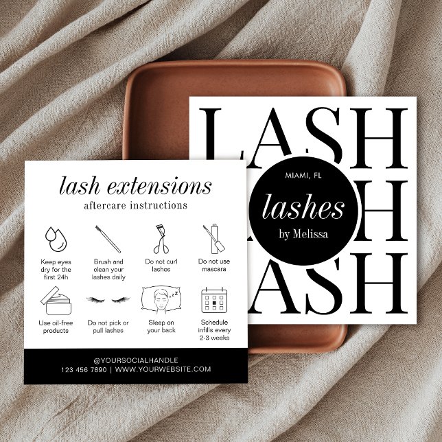 Mini-moderne simple Lashes Cartes de soins postéri (Modern eyelash extensions care instructions cards in minimalist black and white style)