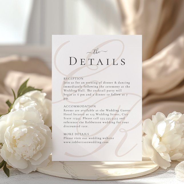 Mini-Monogramme Beige Mariage - Détails Carte (Minimalist Beige Monogram Wedding Details Card with beautiful white peonies.)