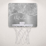 Mini-panier De Basket Silver Glitter Glam Bling Personalized<br><div class="desc">Personnalisez facilement ce mini-panier de basket à motifs en métal brossé argent et en faux parties scintillant glamour avec votre propre nom personnalisé.</div>