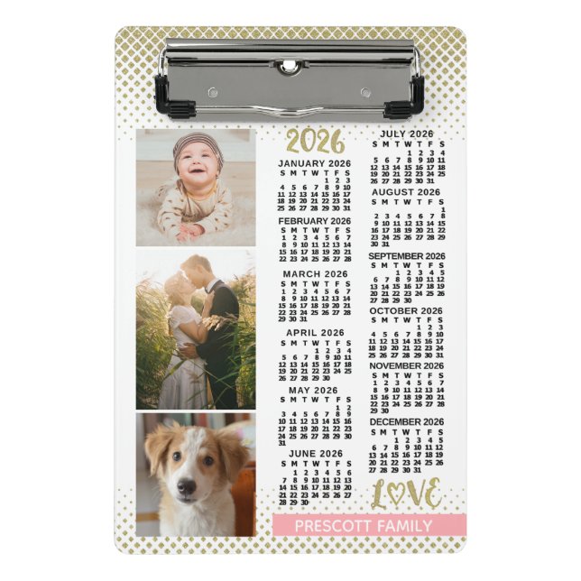 Mini Porte-bloc 2026 Calendar Blush Pink Gold Family Photo Collage (Devant)
