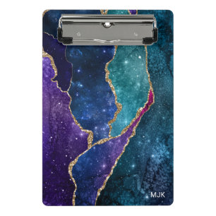 Mini Porte-bloc Agate Monogramme Veines Or Bleu Violet Aqua