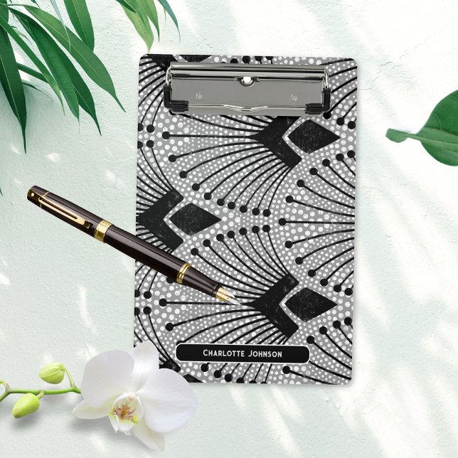 Mini Porte-bloc Art Déco Gris Noir Blanc Rétro Motif Peacock (Gray Art Deco Black White Peacock Pattern Mini Clipboard ©Susanne Sachers - Sunny Mind 🌞)