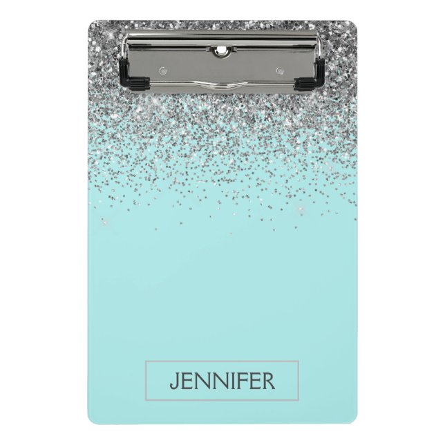 Mini Porte-bloc Bleu Sarcelle Argent Paillettes Nom Monogramme Fém (Devant)