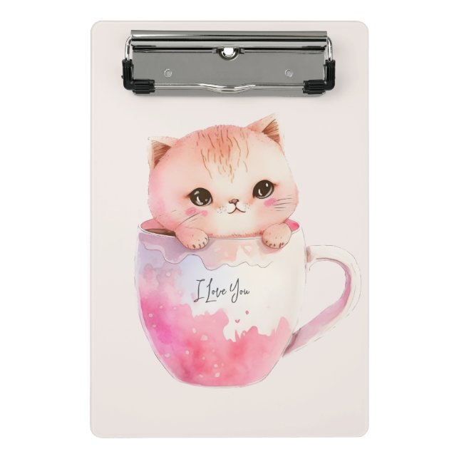 Mini Porte-bloc Chat blanc-rose mignonne dans une tasse de thé (2) (Devant)