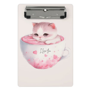 Mini Porte-bloc Chat blanc-rose mignonne dans une tasse de thé (3)