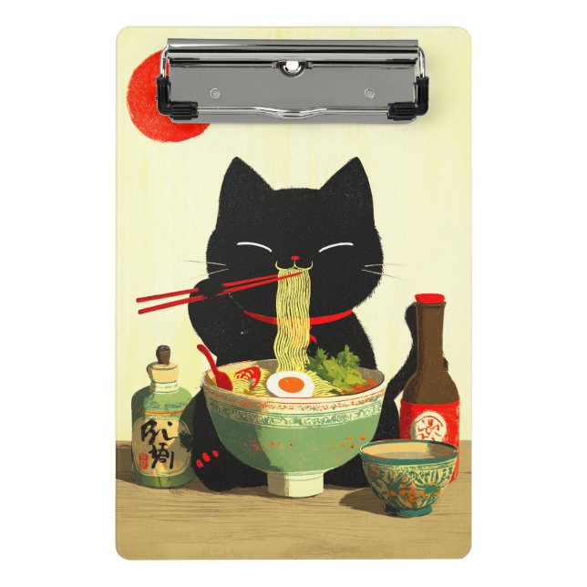 Mini Porte-bloc Chat noir heureux mangeant du Ramen | Ukiyo-e japo (Devant)