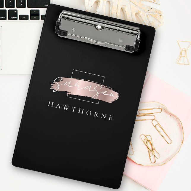 Mini Porte-bloc Chic Brush Stroke Black Faux Rose Gold Monogramme (Créateur téléchargé)