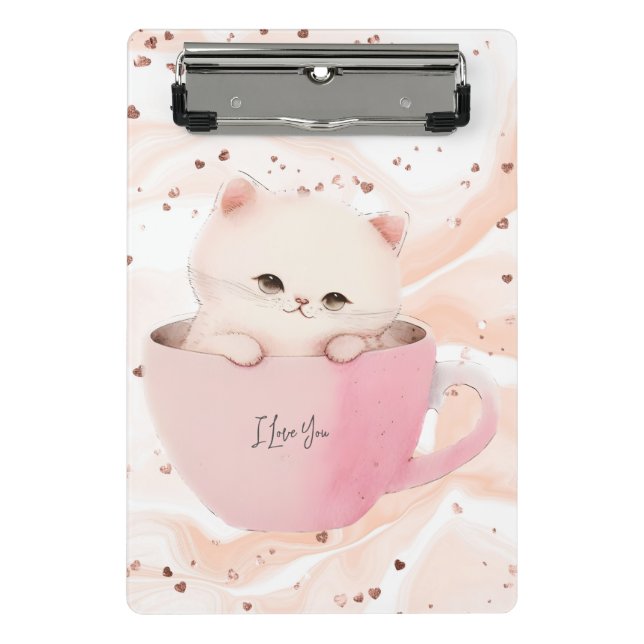 Mini Porte-bloc Cute chat rose blanc dans une tasse de thé (Devant)