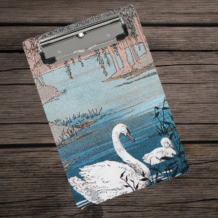 Mini Porte-bloc Cygne Mère Blanc Nageant dans un Lac avec Bébé