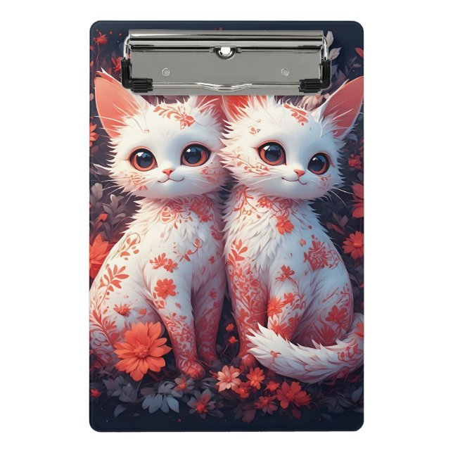 Mini Porte-bloc Deux chatons blancs et fleurs (Devant)