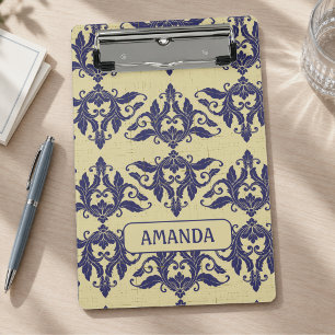 Mini Porte-bloc Élégant damas vintage bleu marine jaune monogramme