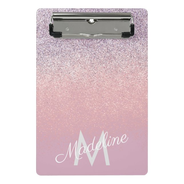 Mini Porte-bloc Faux rose et violet pailleté brillant monogrammé   (Devant)