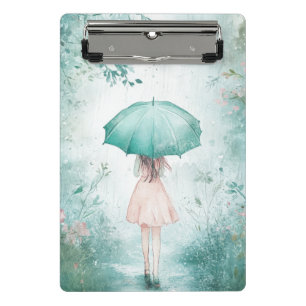 Mini Porte-bloc Fille au parapluie sarcelle Jardin pluvieux