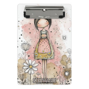 Mini Porte-bloc Fille Fantaisiste Aquarelle avec Accents Floraux (