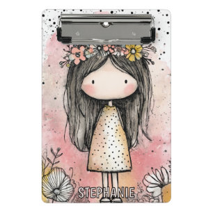 Mini Porte-bloc Fille Fantaisiste Aquarelle avec Accents Floraux (