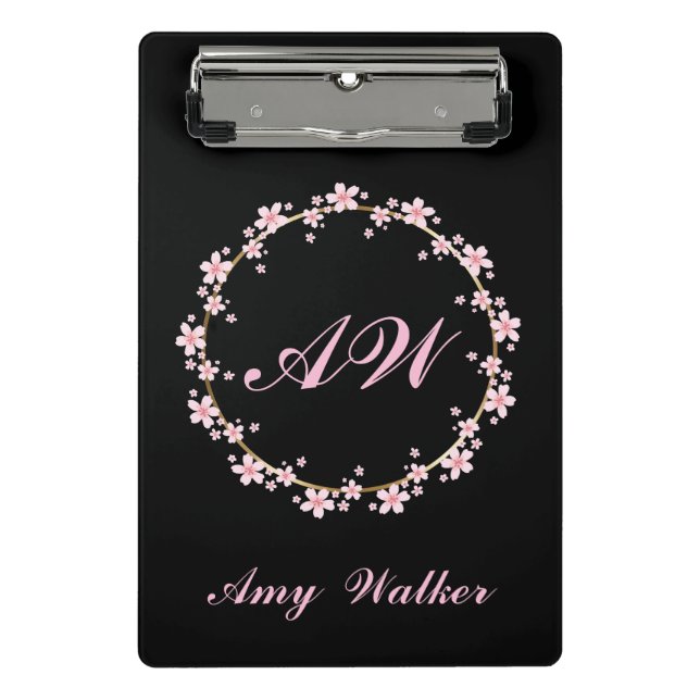 Mini Porte-bloc Fleur de cerisier rose Monogramme Feminine Florale (Devant)