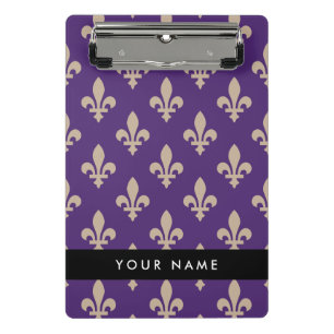 Mini Porte-bloc Fleur de Lis, Beige sur Violet, Royal, Votre Nom