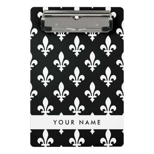 Mini Porte-bloc Fleur de Lis, Blanc sur Noir, Blanc, Votre Nom (Devant)