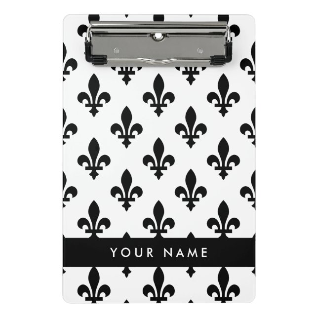 Mini Porte-bloc Fleur de Lis, Noir sur Blanc, Noir, Votre Nom (Devant)