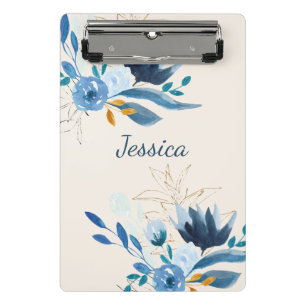 Mini Porte-bloc Fleurs aquarelles bleues modernes avec nom personn