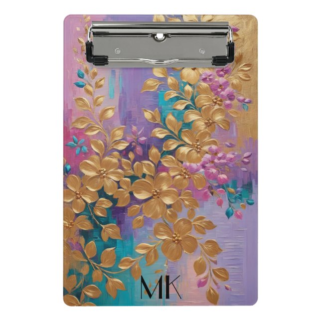 Mini Porte-bloc Fleurs D'Or Peintes Sur Lilac Rose Turquoise (Devant)