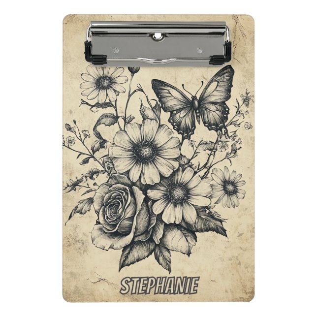 Mini Porte-bloc Fleurs et papillons rustiques - Papier vieilli (6) (Devant)