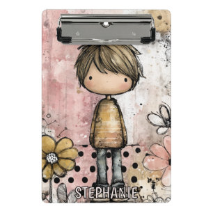 Mini Porte-bloc Garçon Capricieux Aquarelle avec Accents Floraux (