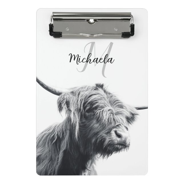 Mini Porte-bloc Highland cow portrait initial monogram black white (Devant)