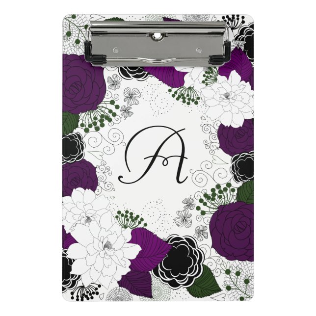 Mini Porte-bloc Monogramme de couronne de fleurs violet et blanc (Devant)