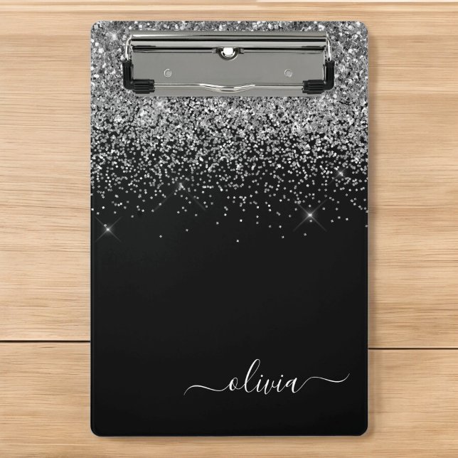 Mini Porte-bloc Monogramme Nom Paillettes Argent Noir Fille (Créateur téléchargé)