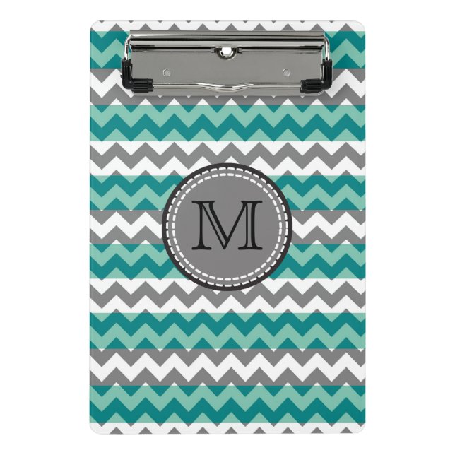 Mini Porte-bloc Monogramme Turquoise et Grey Chevron Zigzag (Devant)