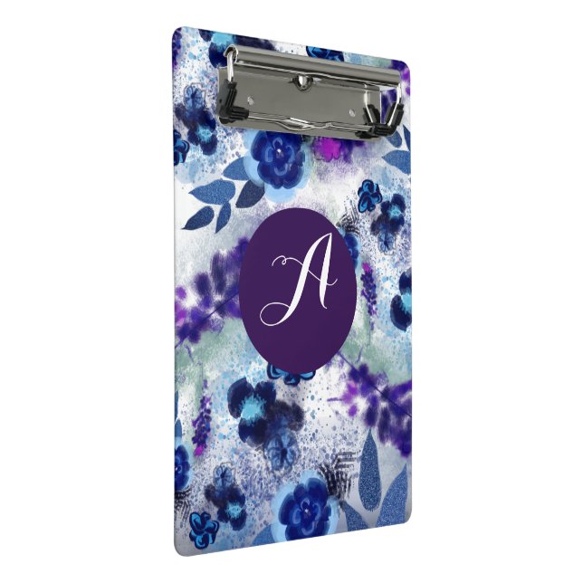 Mini Porte-bloc Motif de fleurs bleues et violettes avec monogramm (Incliné)