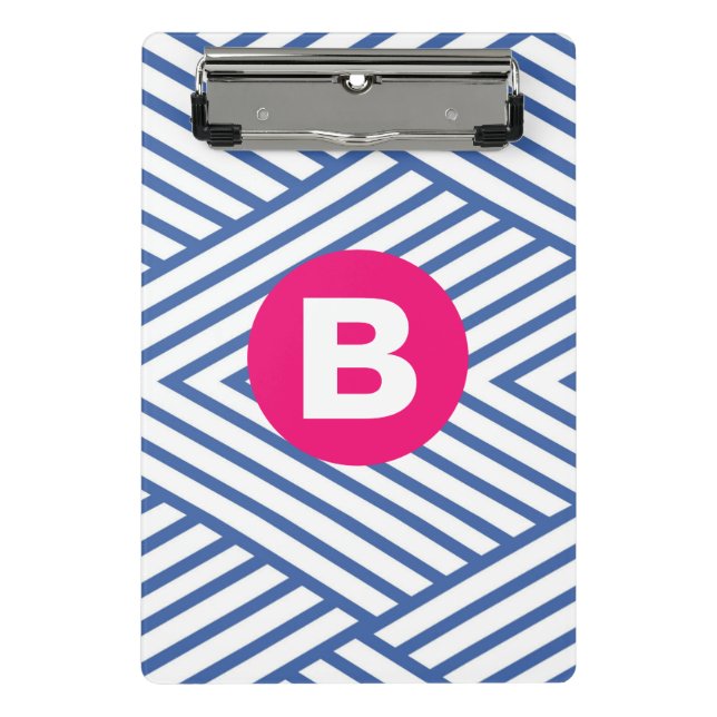 Mini Porte-bloc Motif rayé bleu abstrait avec monogramme rose (Devant)