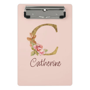 Mini Porte-bloc Nom personnalisé Blush Rose Gold Fleurs Lettre C