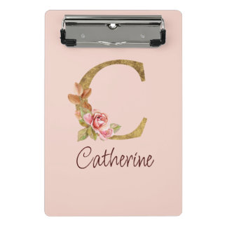 Mini Porte-bloc Nom personnalisé Blush Rose Gold Fleurs Lettre C
