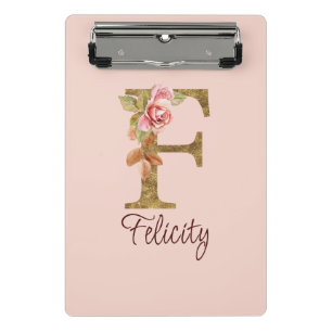 Mini Porte-bloc Nom Personnalisé Lettre F Gold Foil Blush Roses Ro