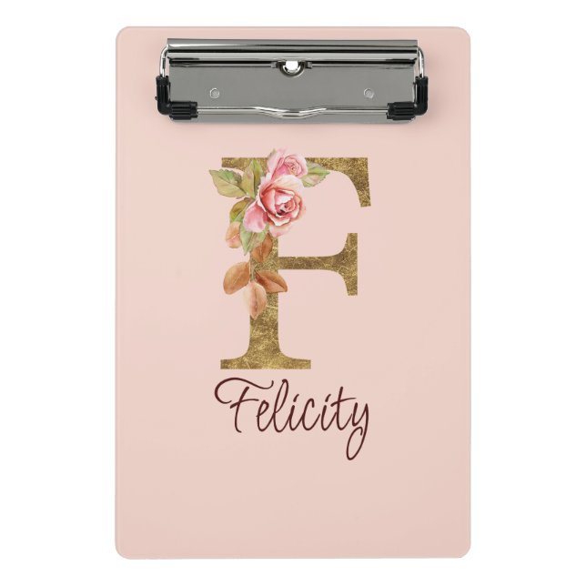 Mini Porte-bloc Nom Personnalisé Lettre F Gold Foil Blush Roses Ro (Devant)