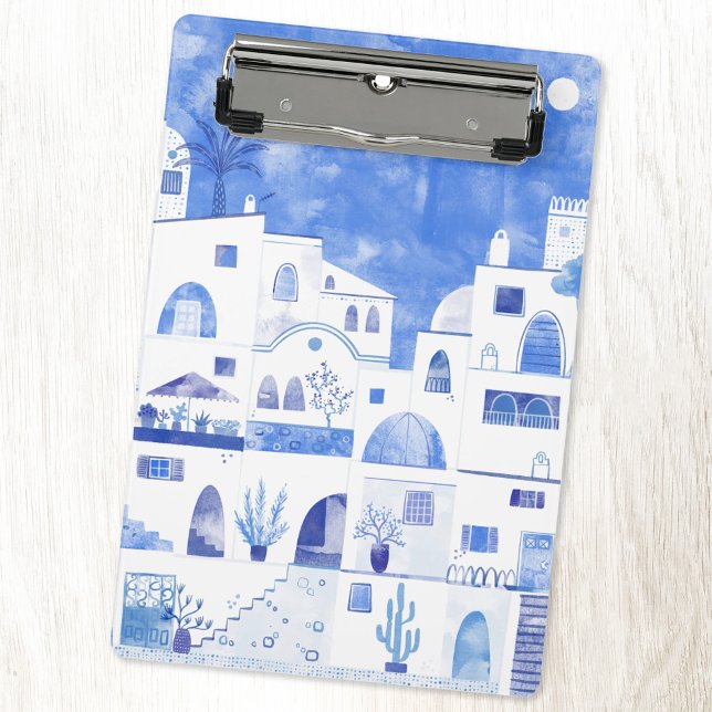 Mini Porte-bloc Oia Santorini Grèce Aquarelle Ville Peinture (Oia Santorini Greece blue and white watercolor art mini clipboard)